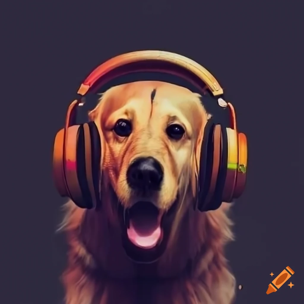 music producer with headphones and golden retriever