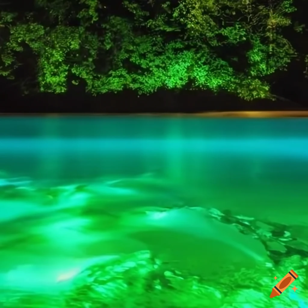 nighttime pool with green glowing water