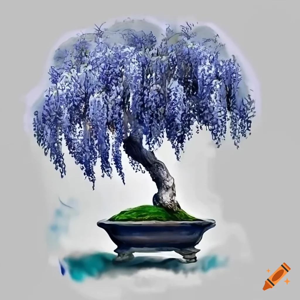 bonsai tree with blue wisteria flowers