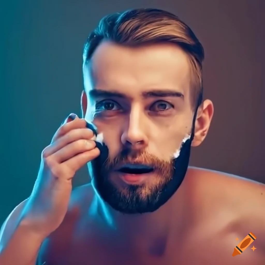 man shaving his beard in front of a mirror