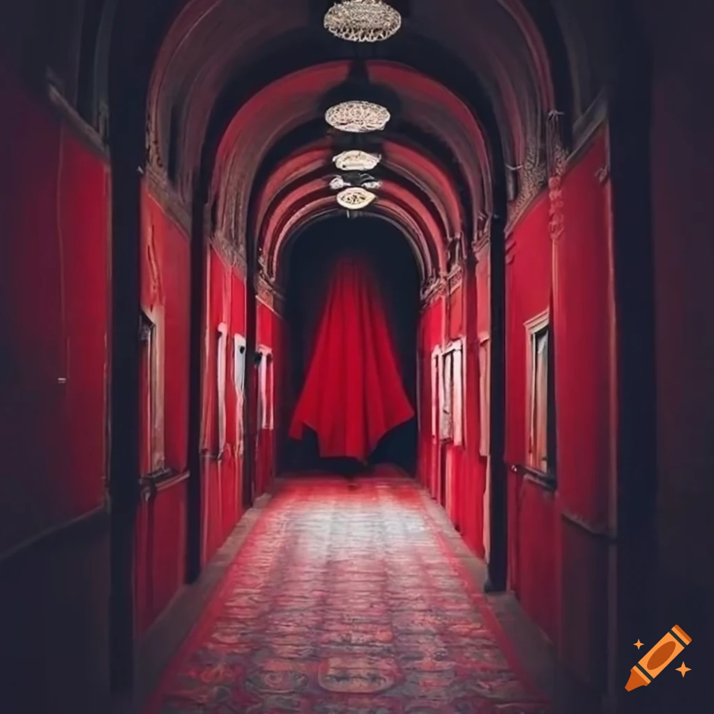red circus-themed hallway with hanging blankets
