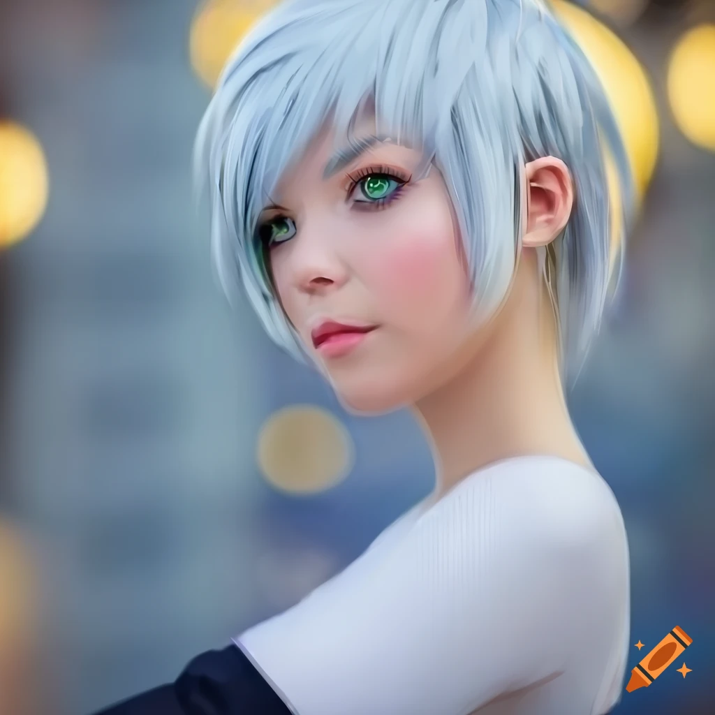 photo of a cute anime girl with silver hair and green dungarees
