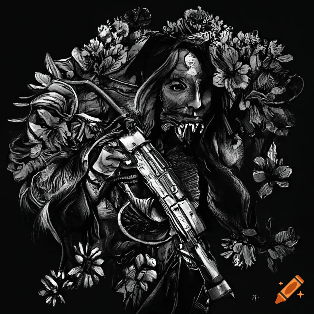 artwork of flowers and guns