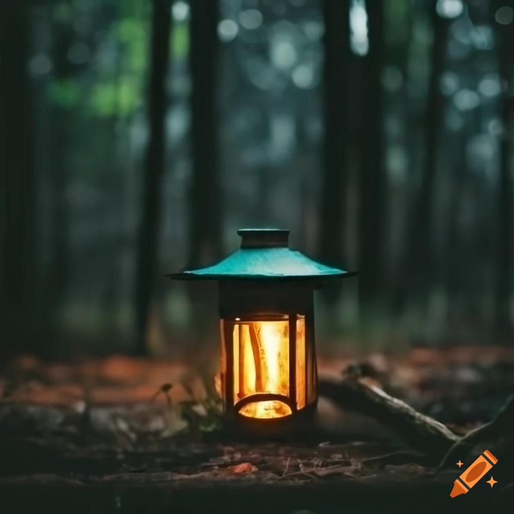lantern in a dark forest