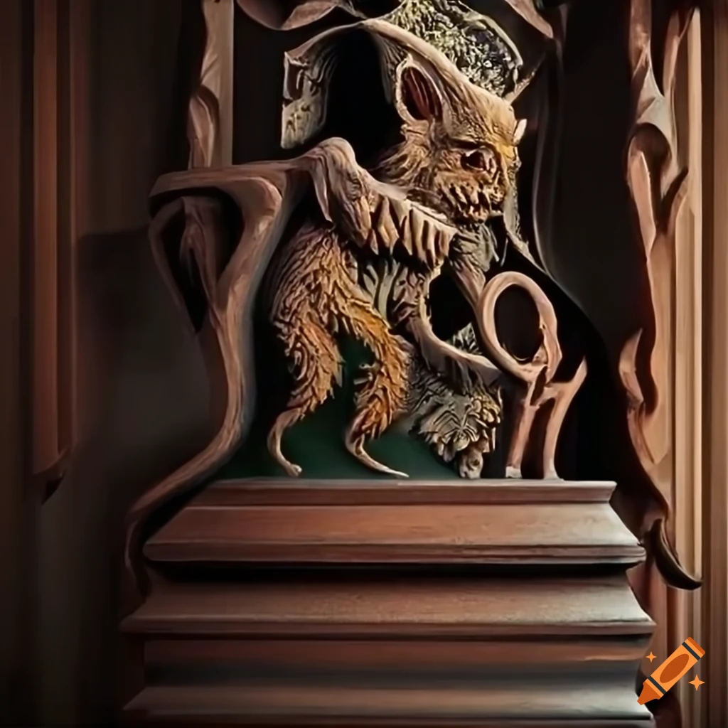 detailed carving of a werewolf motif in Trappist brewery