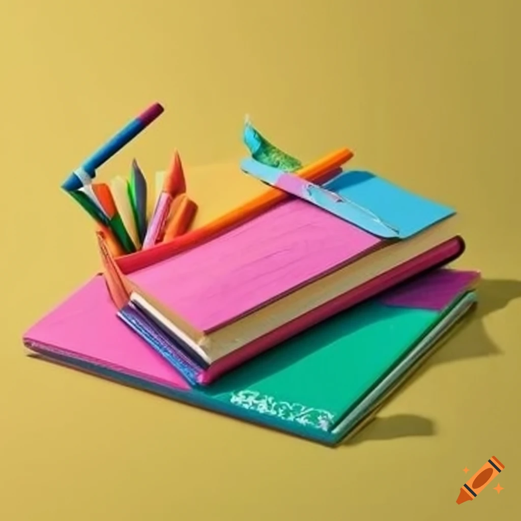 various school supplies including crayons and notebooks