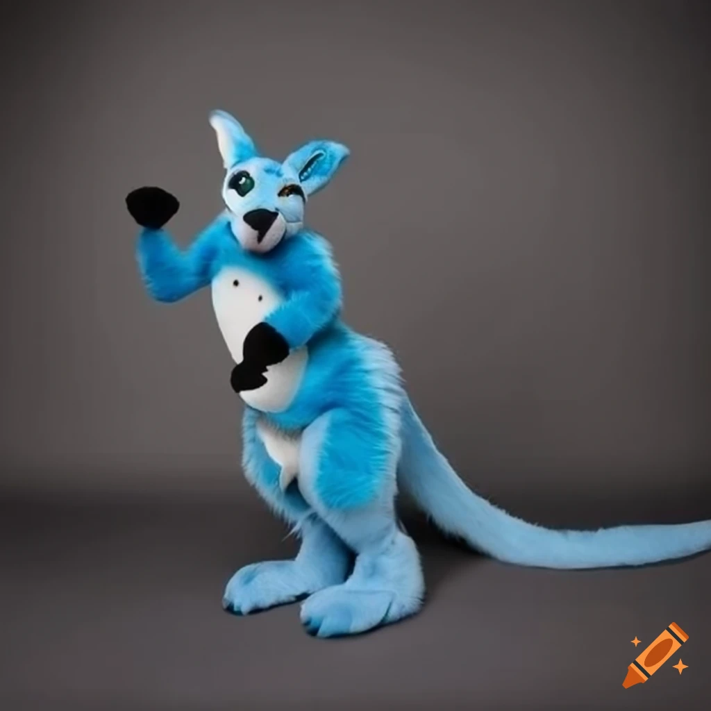 blue kangaroo fursuit with contrasting light blue underside