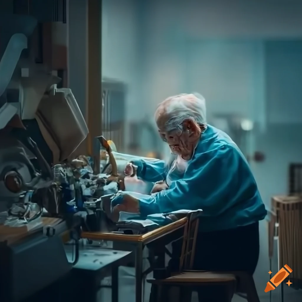 photorealist depiction of elderly pensioners at assembly line