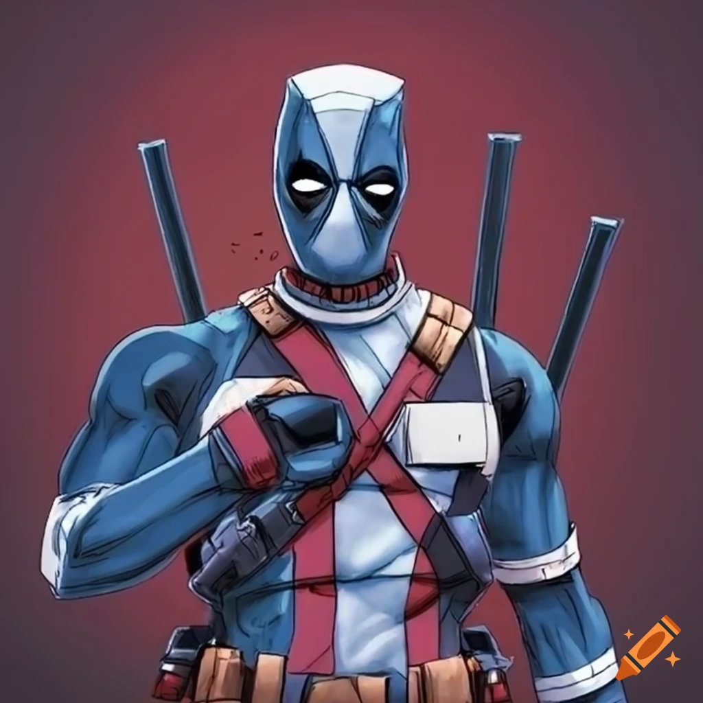 Deadpool wearing blue, white, and red