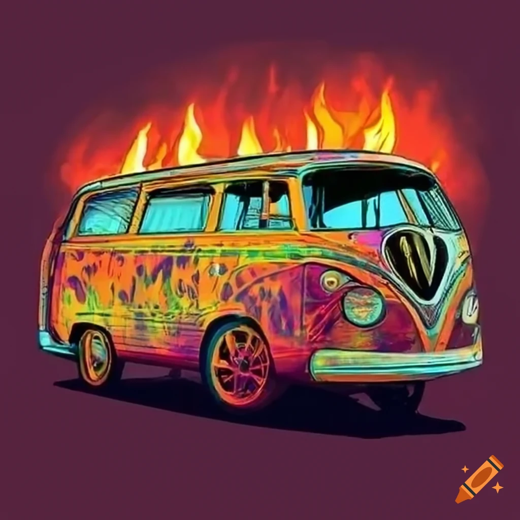 Volkswagen camper van with flame decals