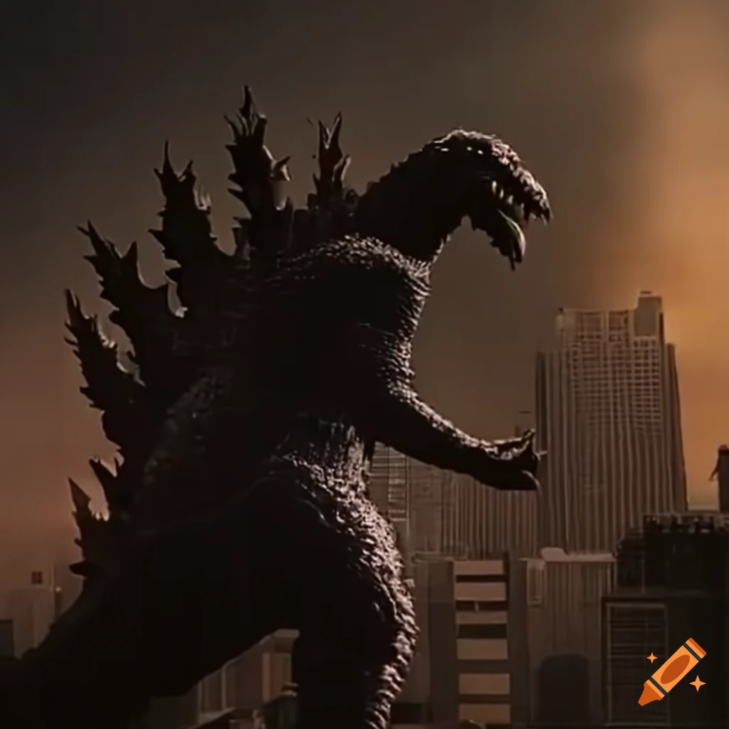 Godzilla in a cityscape causing destruction
