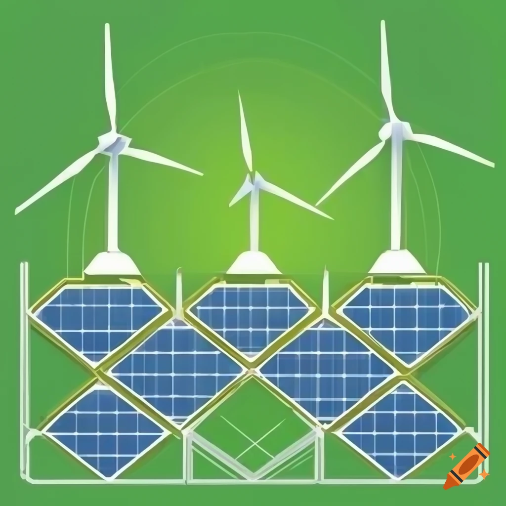 Green energy concept with wind turbines and solar panels on Craiyon