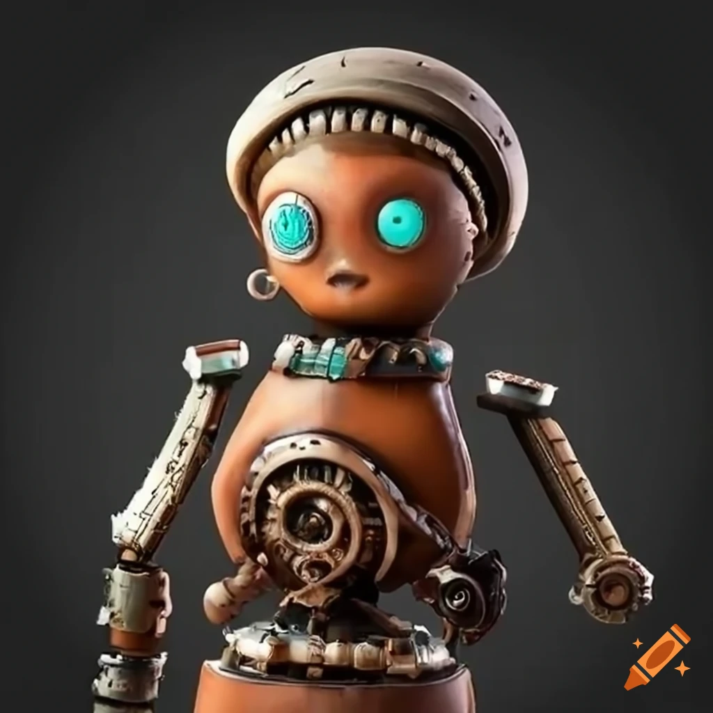dieselpunk automaton trying to wear clothes