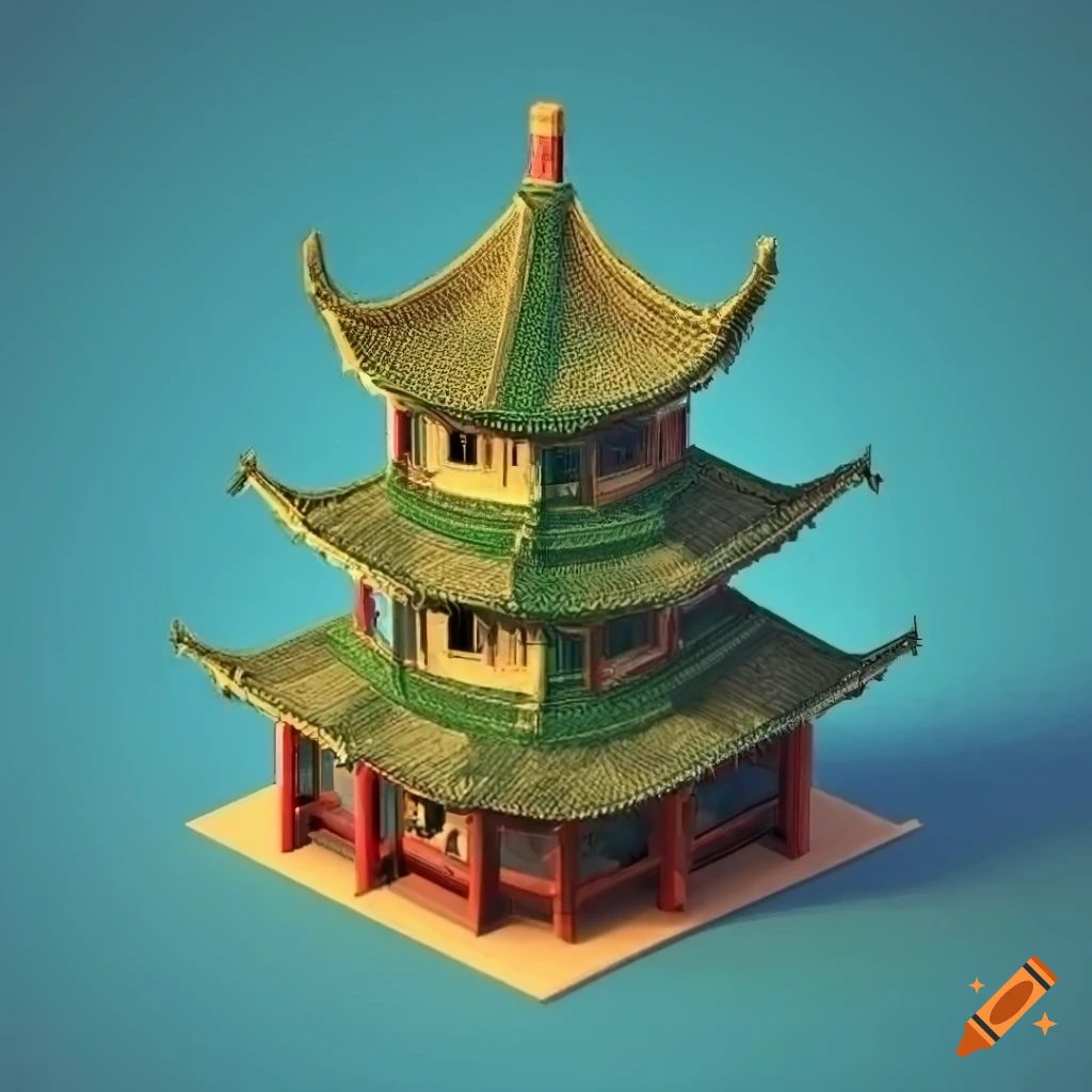 isometric game art of a Chinese pagoda with curved green roofs and gold trim