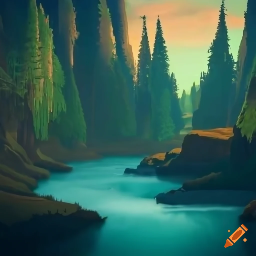 golden hour forest canyon with river and volumetric lighting