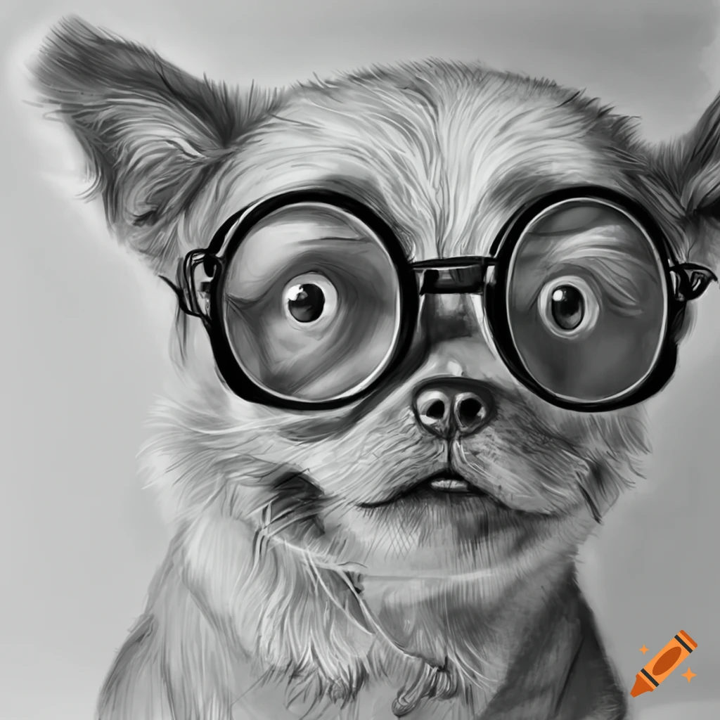 pencil art of a cute dog wearing glasses