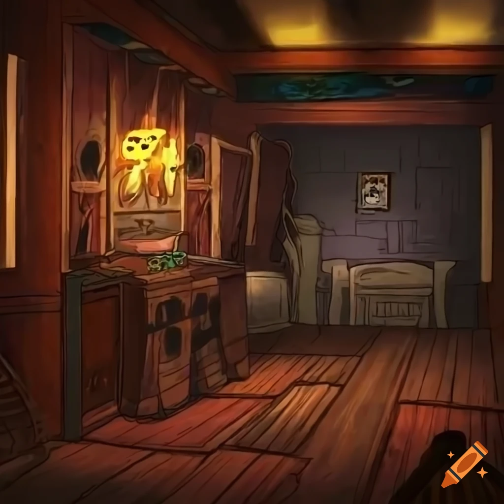 cartoon artwork of a pirate ship interior with a floor mirror