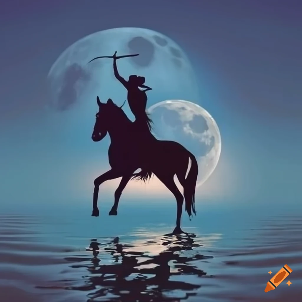 silhouette of a cowgirl on horse against a full blue moon