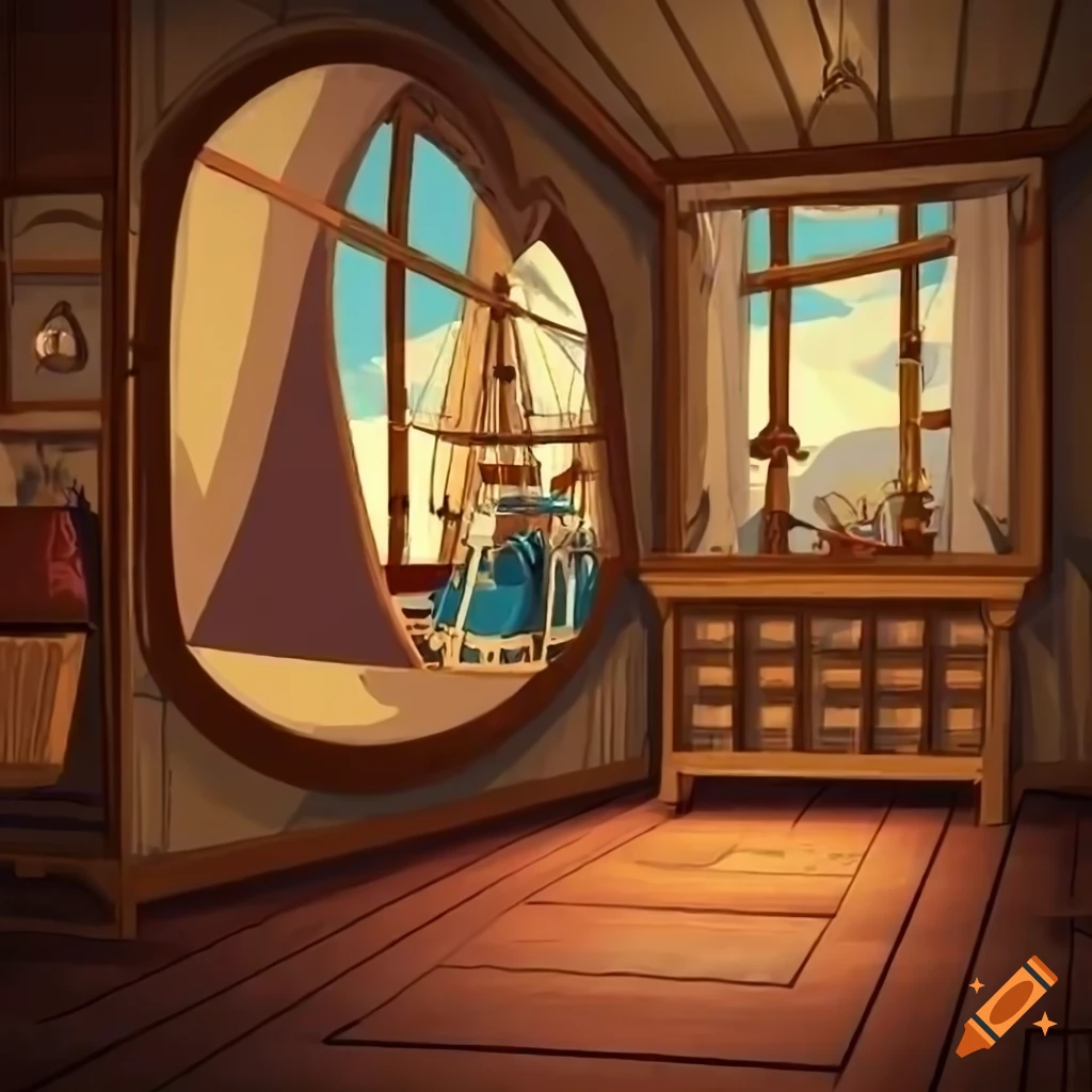 cartoon artwork of an interior of a pirate ship room