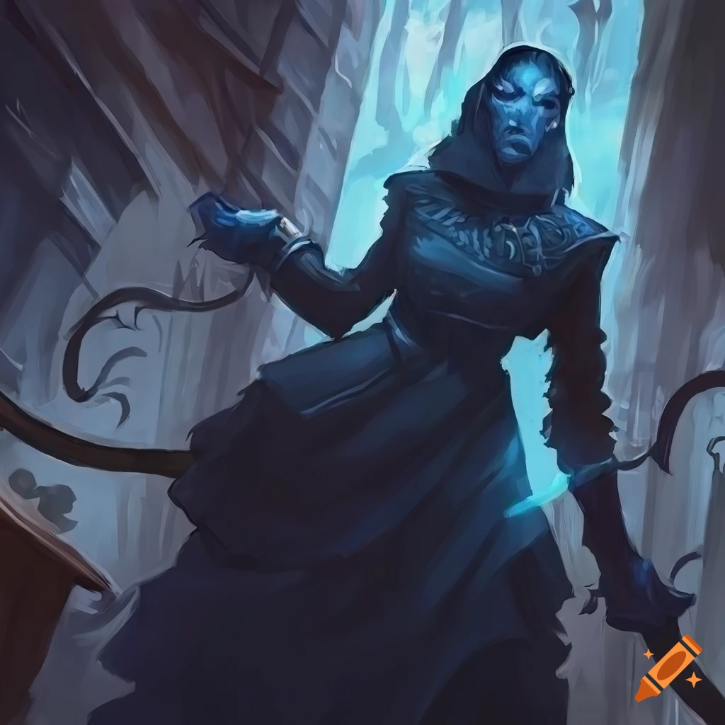 MTG fantasy art of a blue-skinned rogue in a dark alley