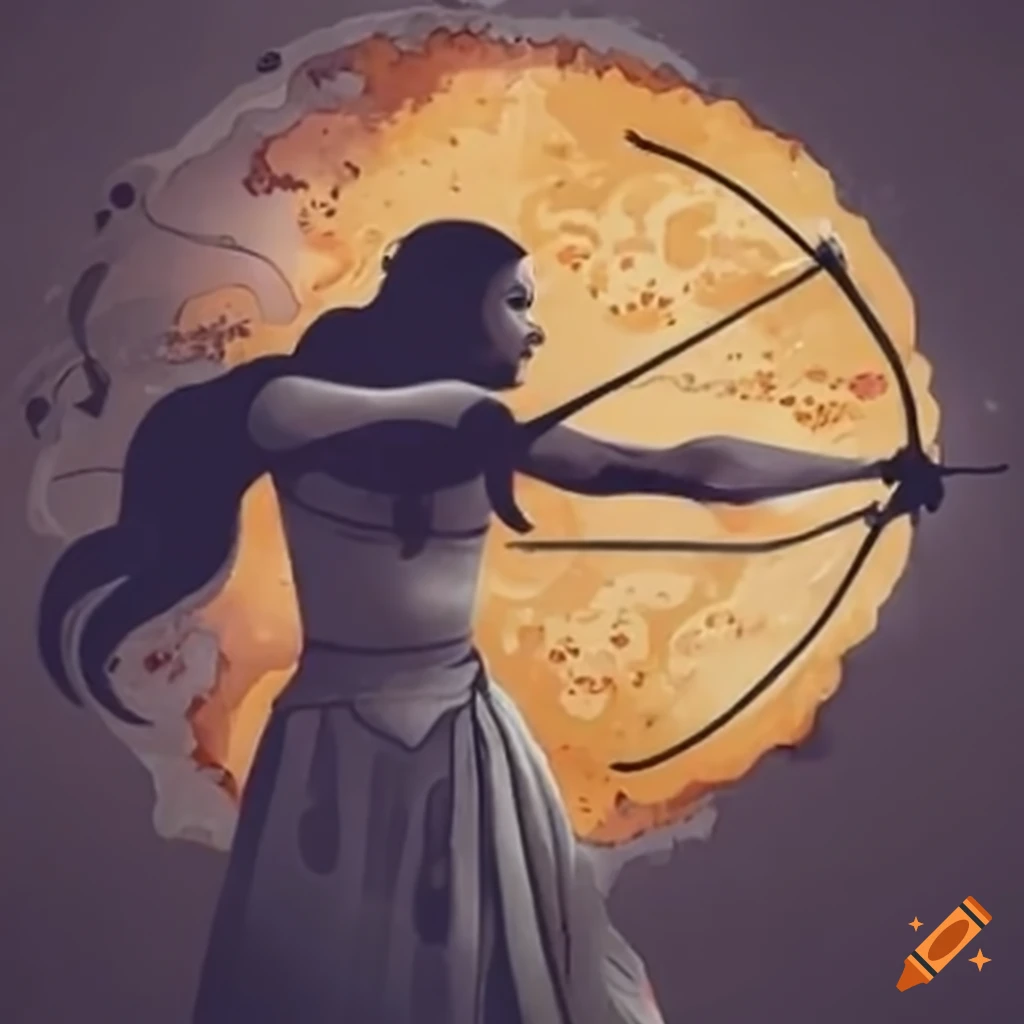 black and white image of an archer aiming arrow at the sun