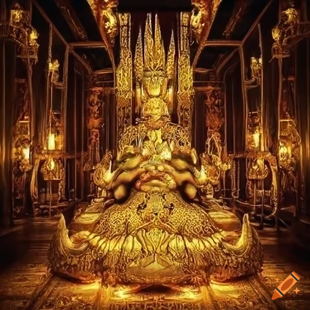 artwork of a regal queen with golden dragon designs