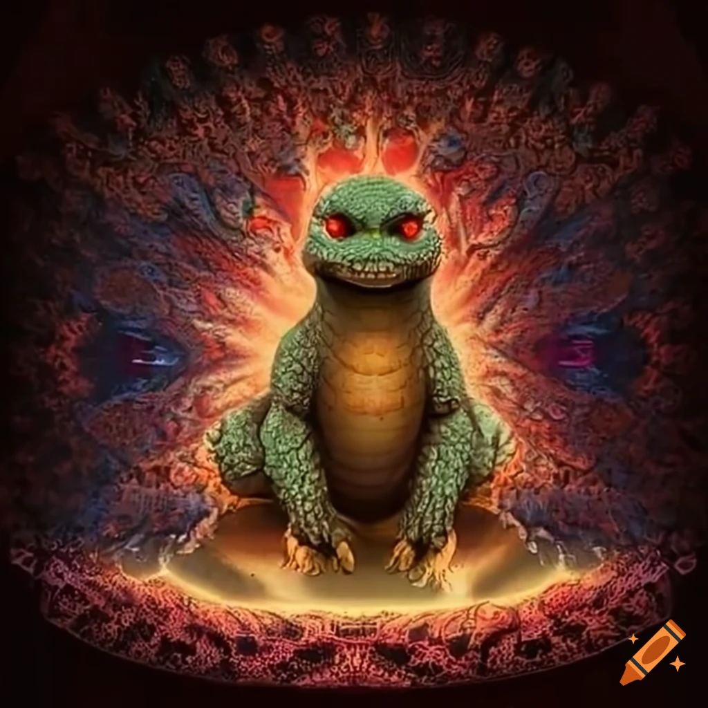 kaleidoscopic image of a baby Godzilla
