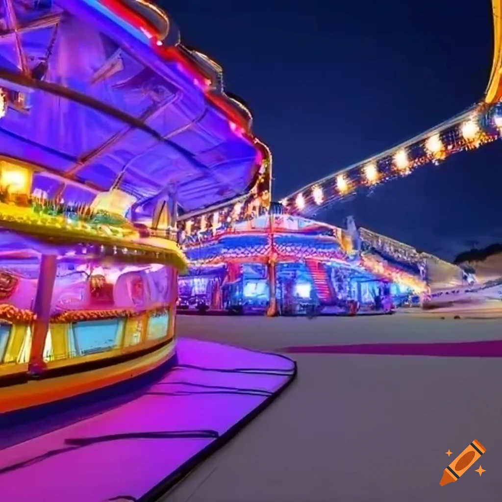night view of a fairground from a low perspective