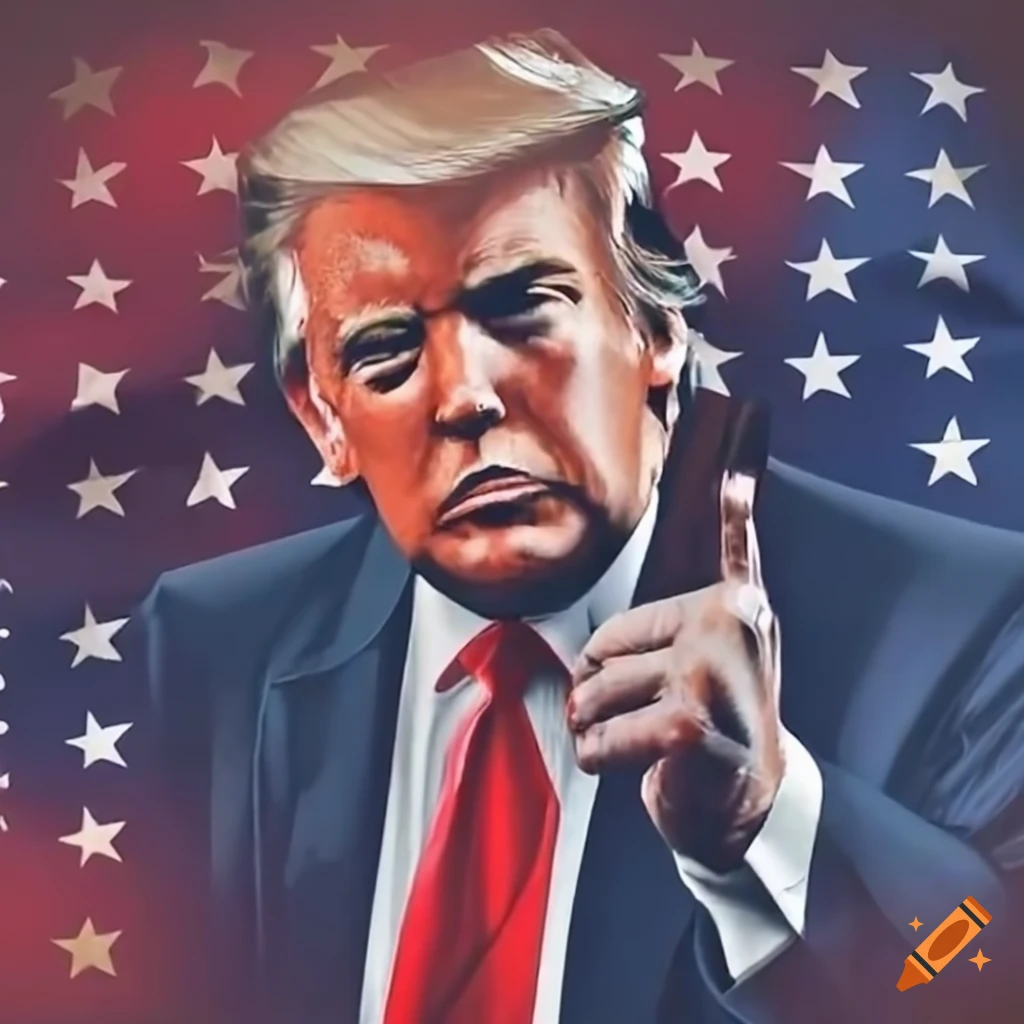 image of Donald Trump with American flag and explosions