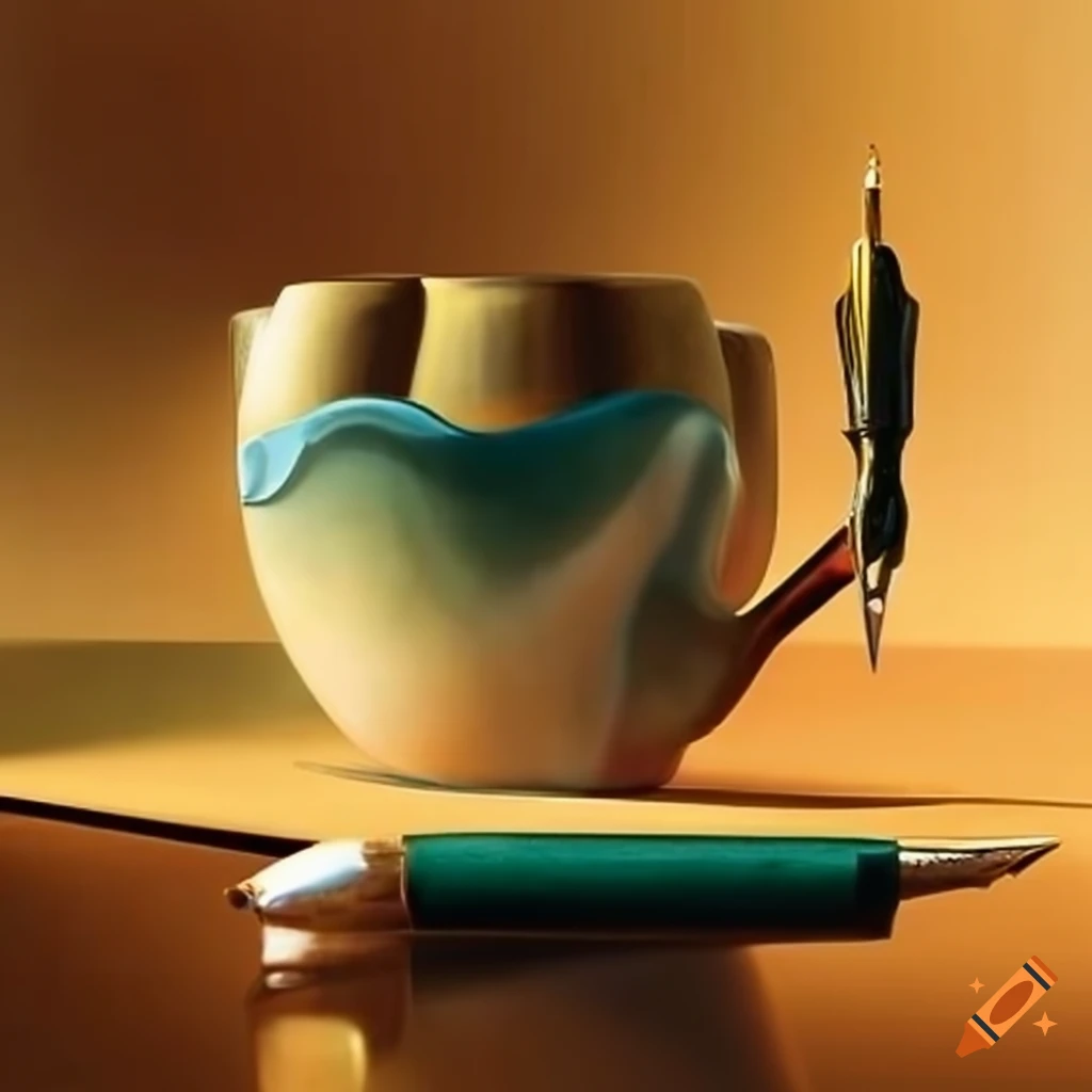 desk with fountain pen and coffee cup inspired by Salvador Dali