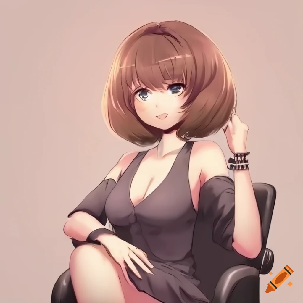 anime woman with short fluffy hair in a salon
