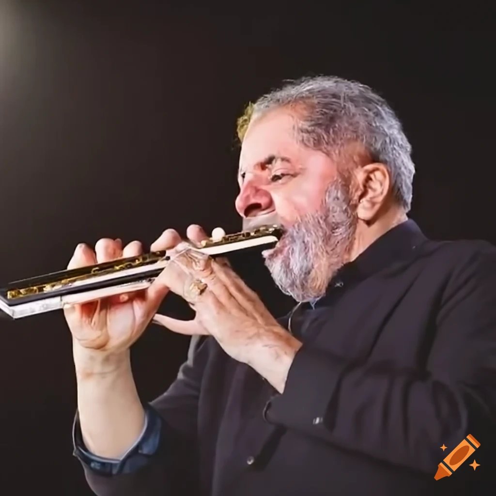 image of President Lula playing harmonica in a crowd