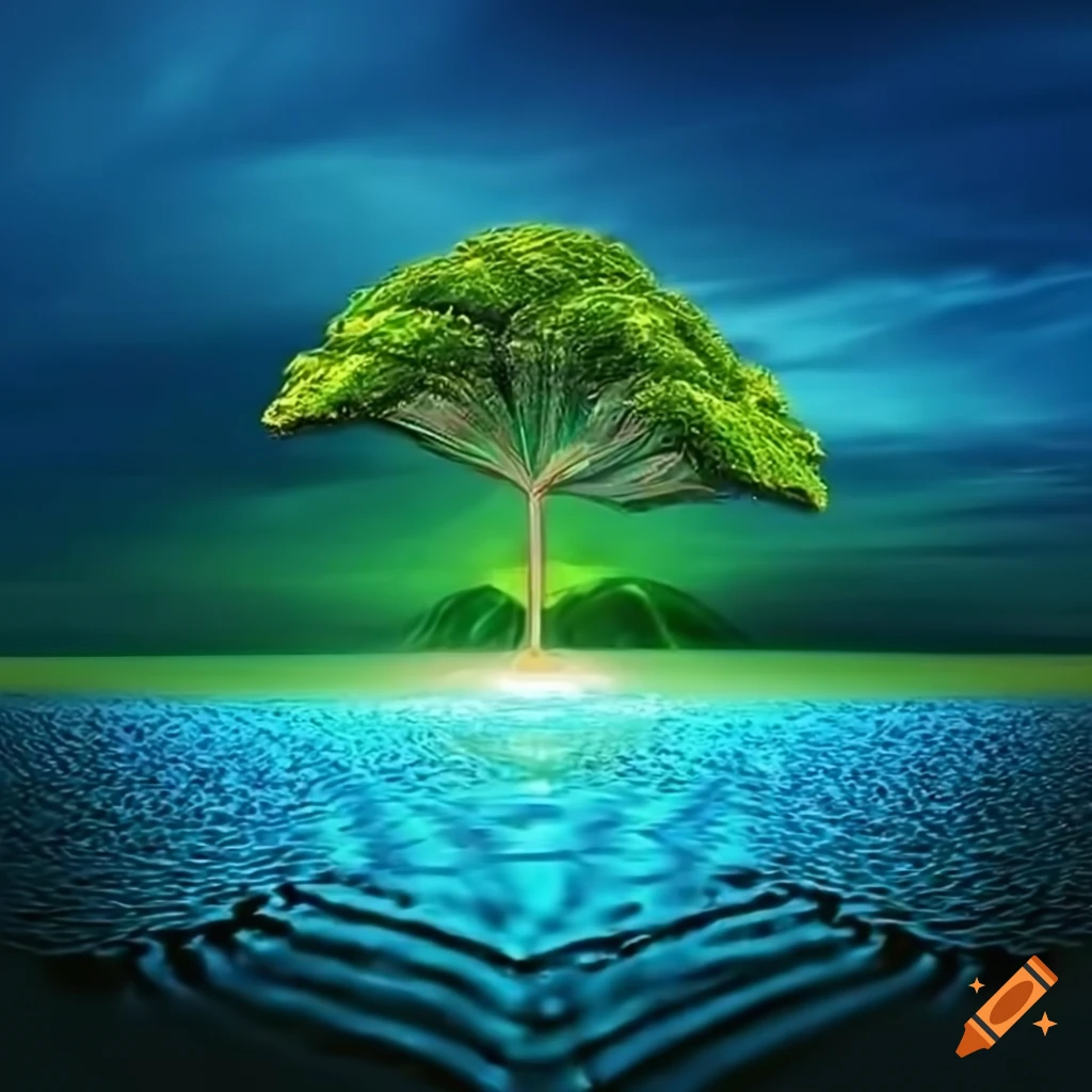 surreal landscape of diamonds and jewels in a water world
