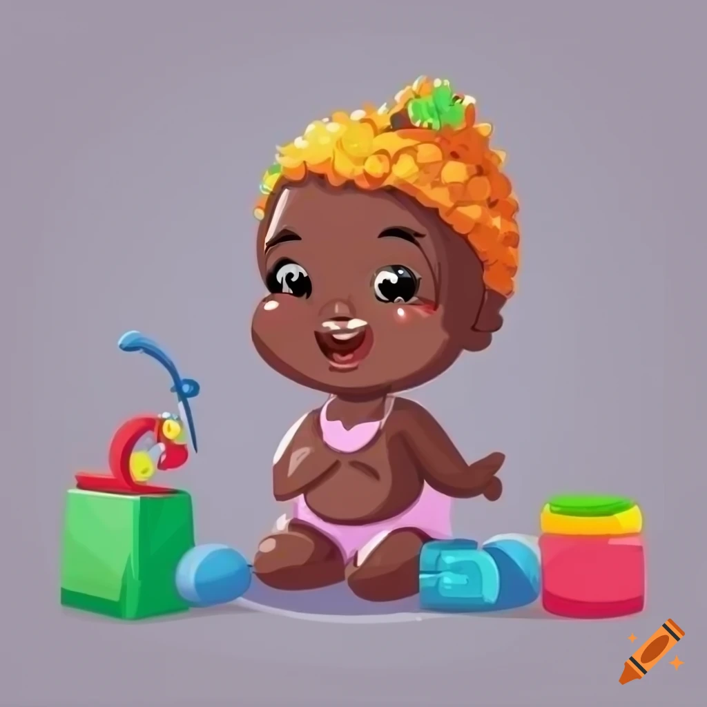 cartoon illustration of a happy baby girl playing with toys