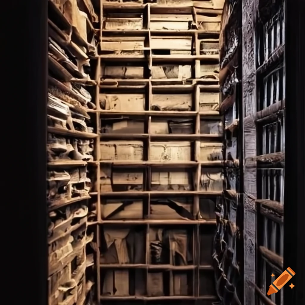 storage cellar with shelves filled with papers