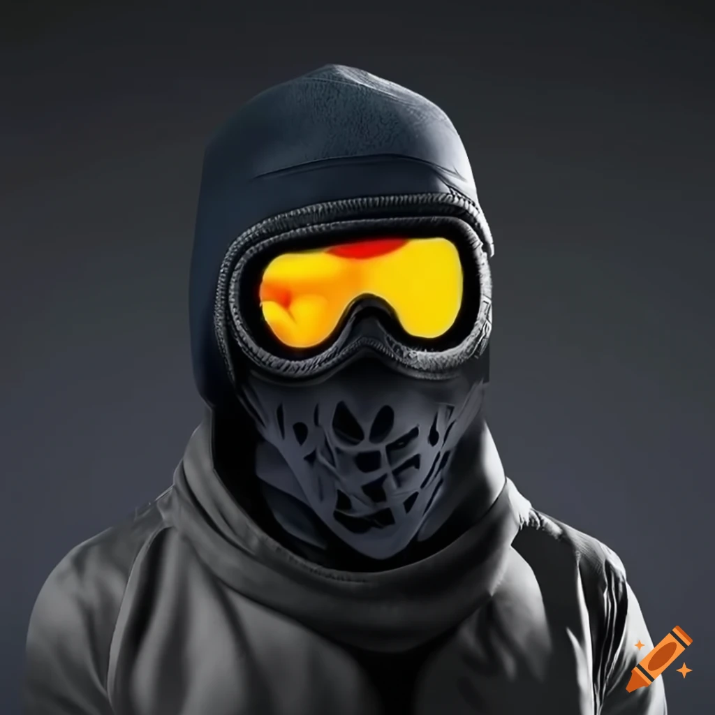 3D art of a person wearing black clothes and a snowboard mask