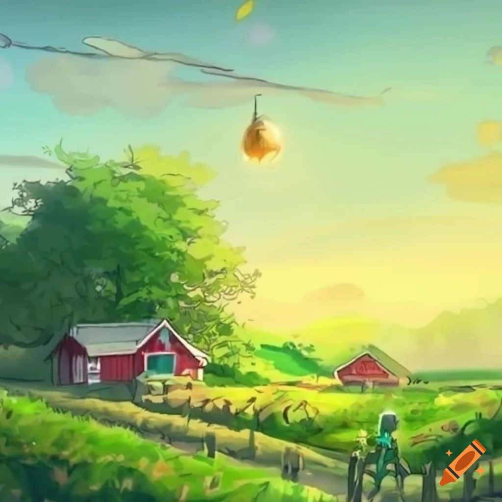 prompthunt: a beautiful fantasy farm, anime style, cheerful and peaceful  mood