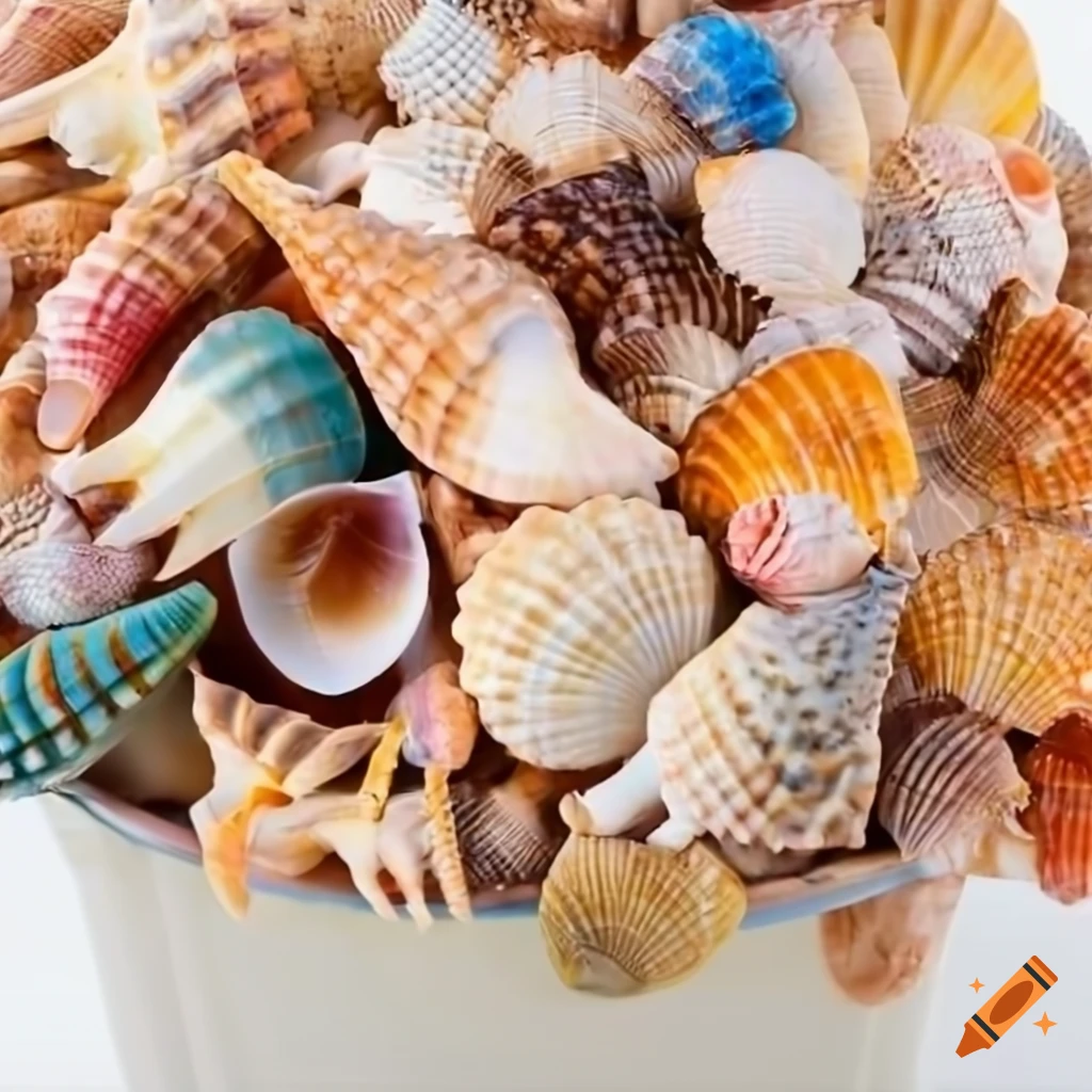 colorful seashells in a beach bucket