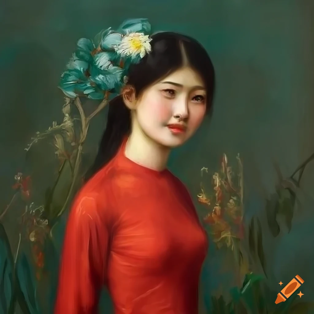 painting of a Vietnamese woman in traditional attire surrounded by flowers