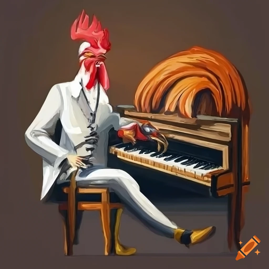 funny image of a rooster playing piano and smoking cigar