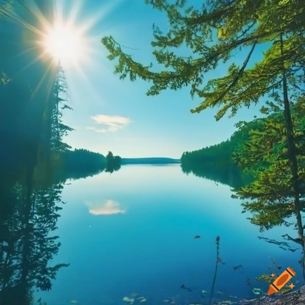 dreamy woods with a blue lake under a beautiful sun