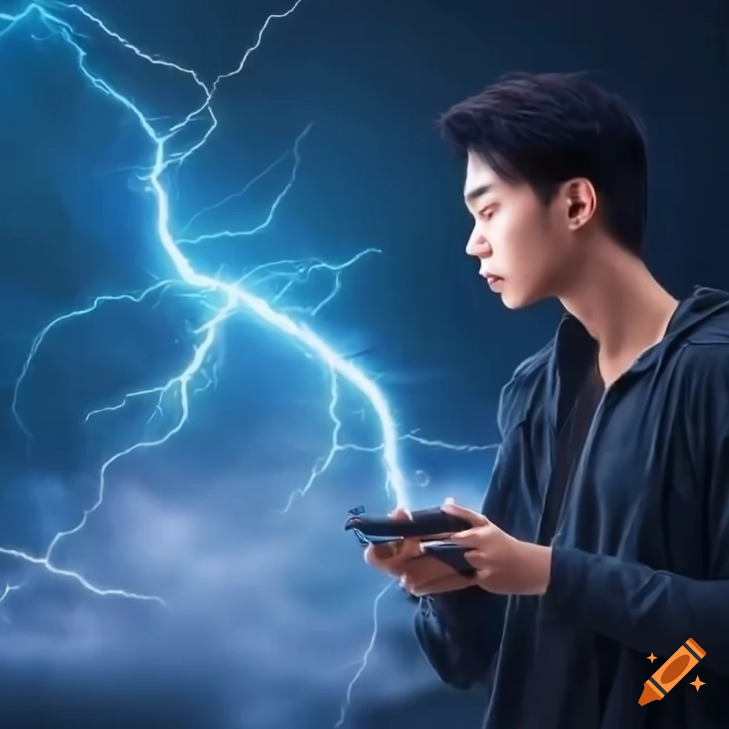 digital art of a young Asian man with lightning powers