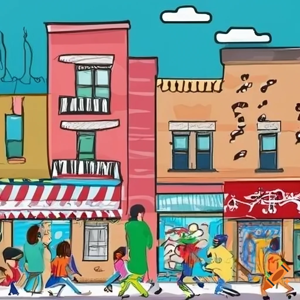 illustration of a lively Pakistani neighborhood in Brooklyn
