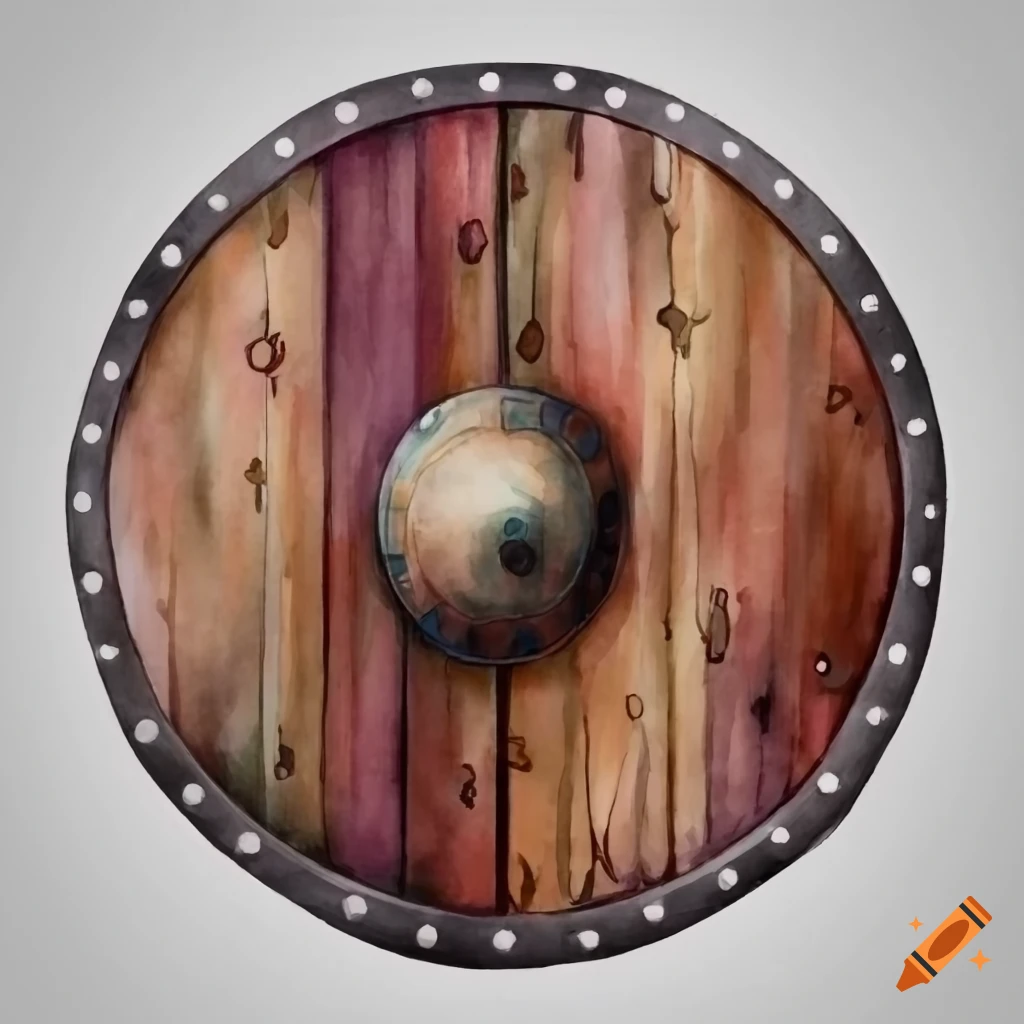 watercolor artwork of a round wooden shield