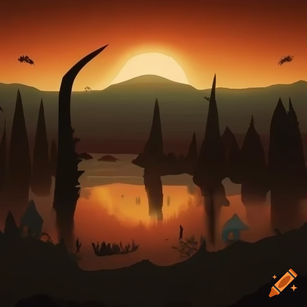 prehistoric landscape at dusk