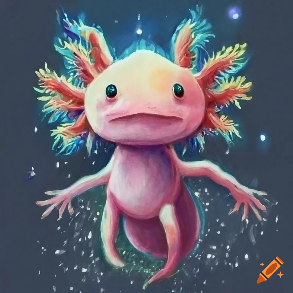 colored pencil sketch of an axolotl with magic sparkles