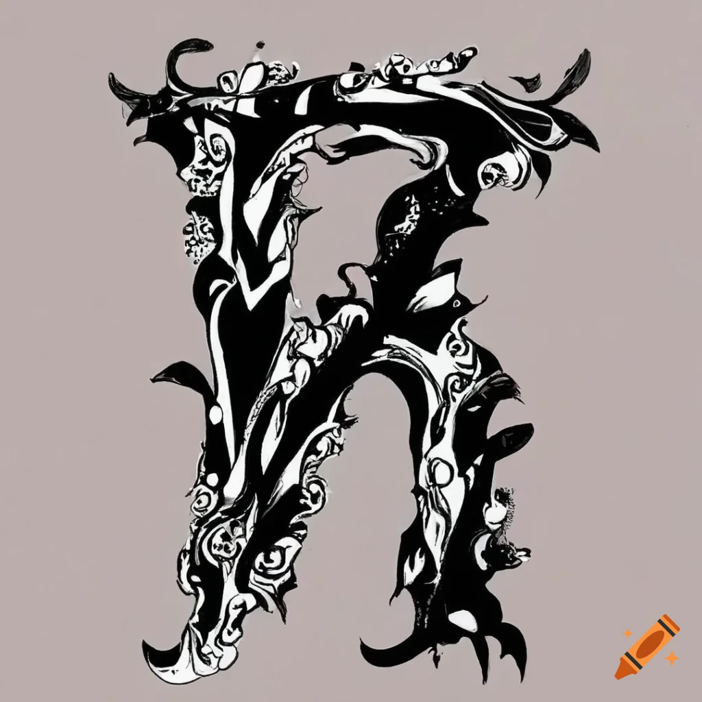 black and white abstract artwork with a sigil and letter C