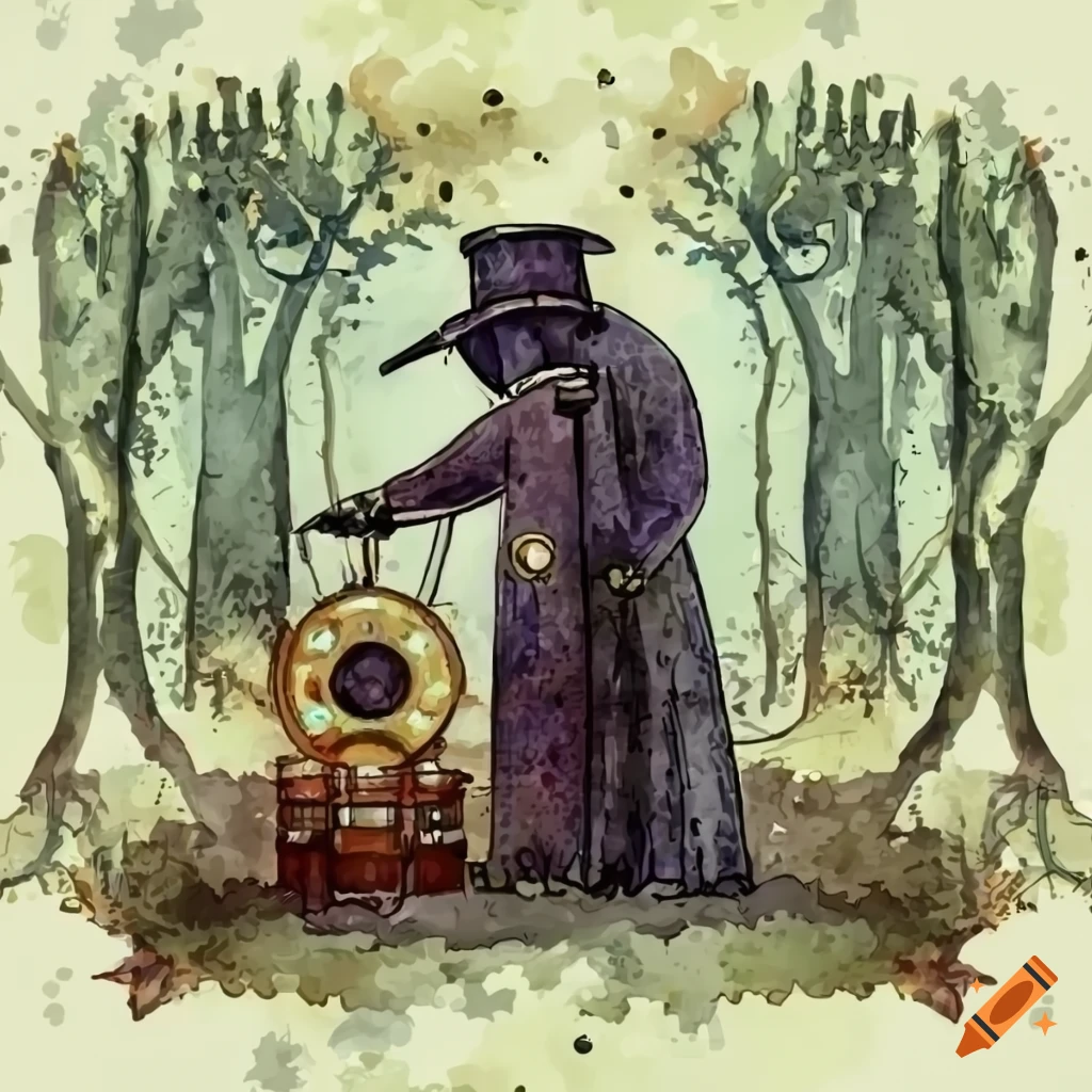plague doctor dying in a forest with a steampunk sound machine