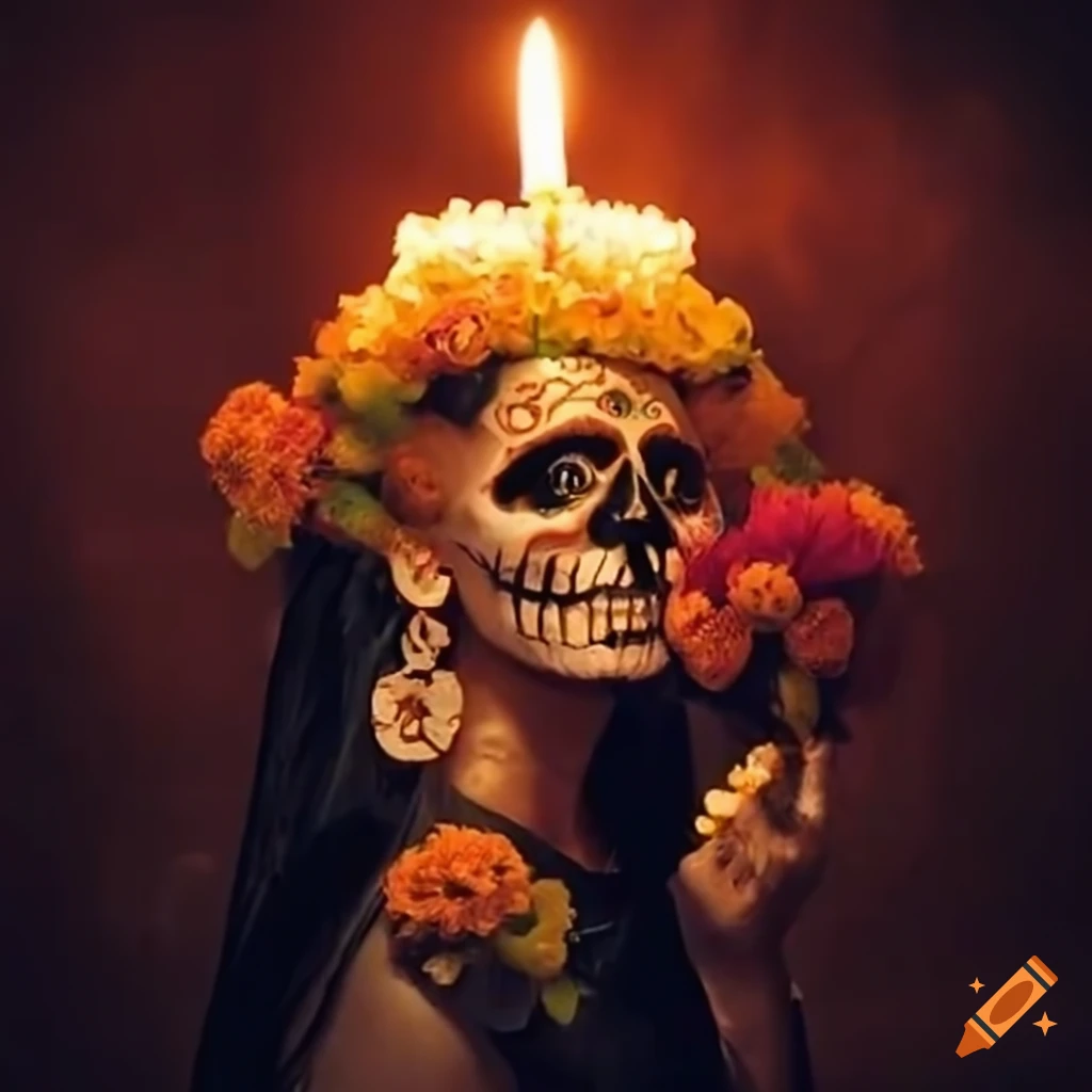 mystical day of the dead procession with candles and people
