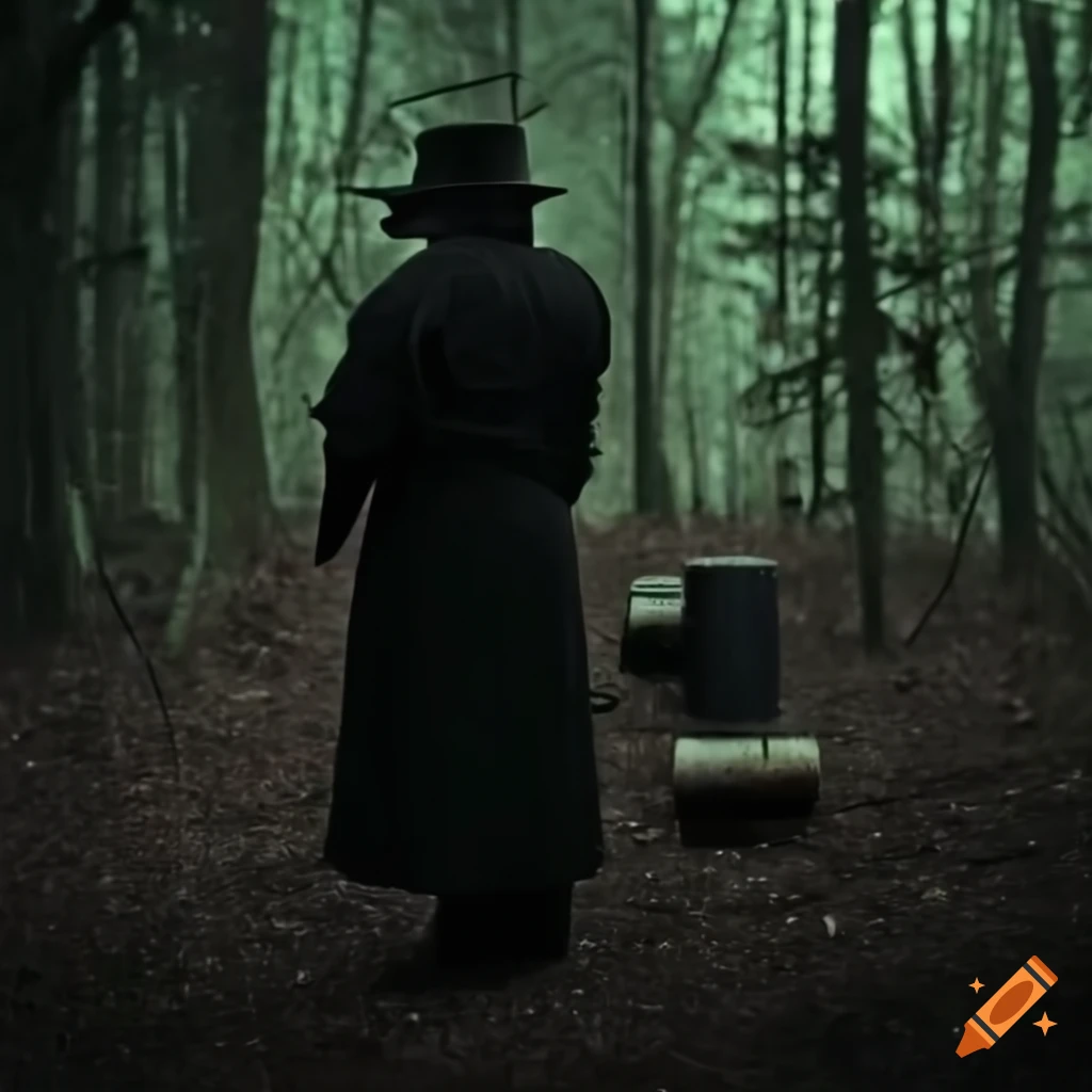 plague doctor with sound machine in a forest